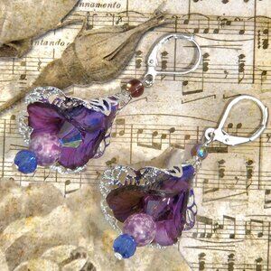 Purple Blue Silver Hand Painted Lucite Flower Earrings, Crystal, Filigree